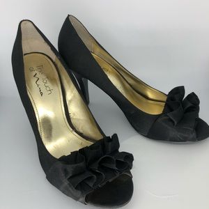 Black silk ruffle heels